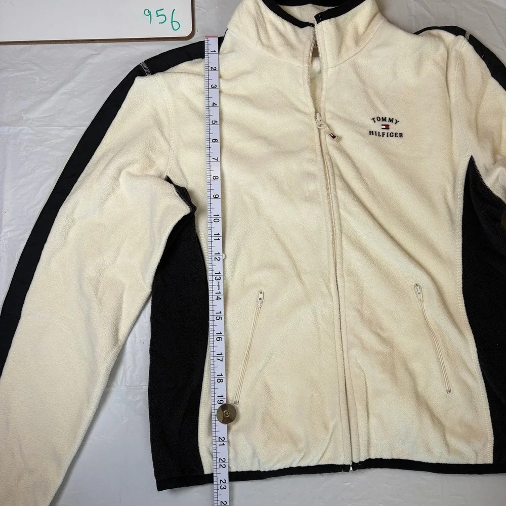 Tommy Hilfiger Womens XL Full Zip Fleece Jacket Cream Black Colorblock Mock Neck